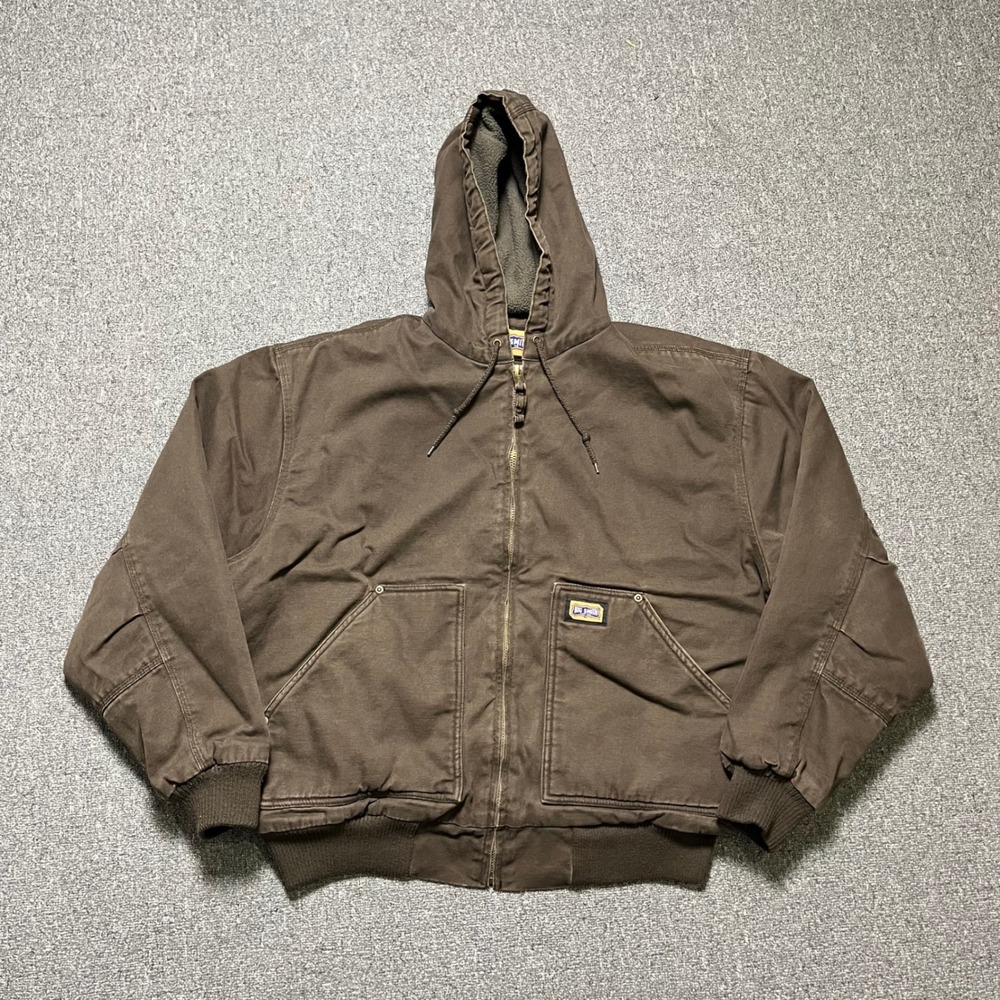 Big Smith Hooded Work Jacket Size Large Brown Canvas Fleece Lined Bomber Coat